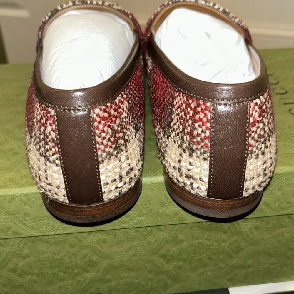 GUCCI 
Vintage Tweed Check Horsebit Mens Jordaan Loafers 8.5Red Beige White - Picture 3 of 7